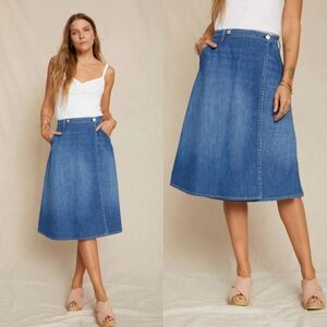AMO Denim Wrap Skirt Womens Medium Wash Blue A-Line High Waisted Midi Skirt